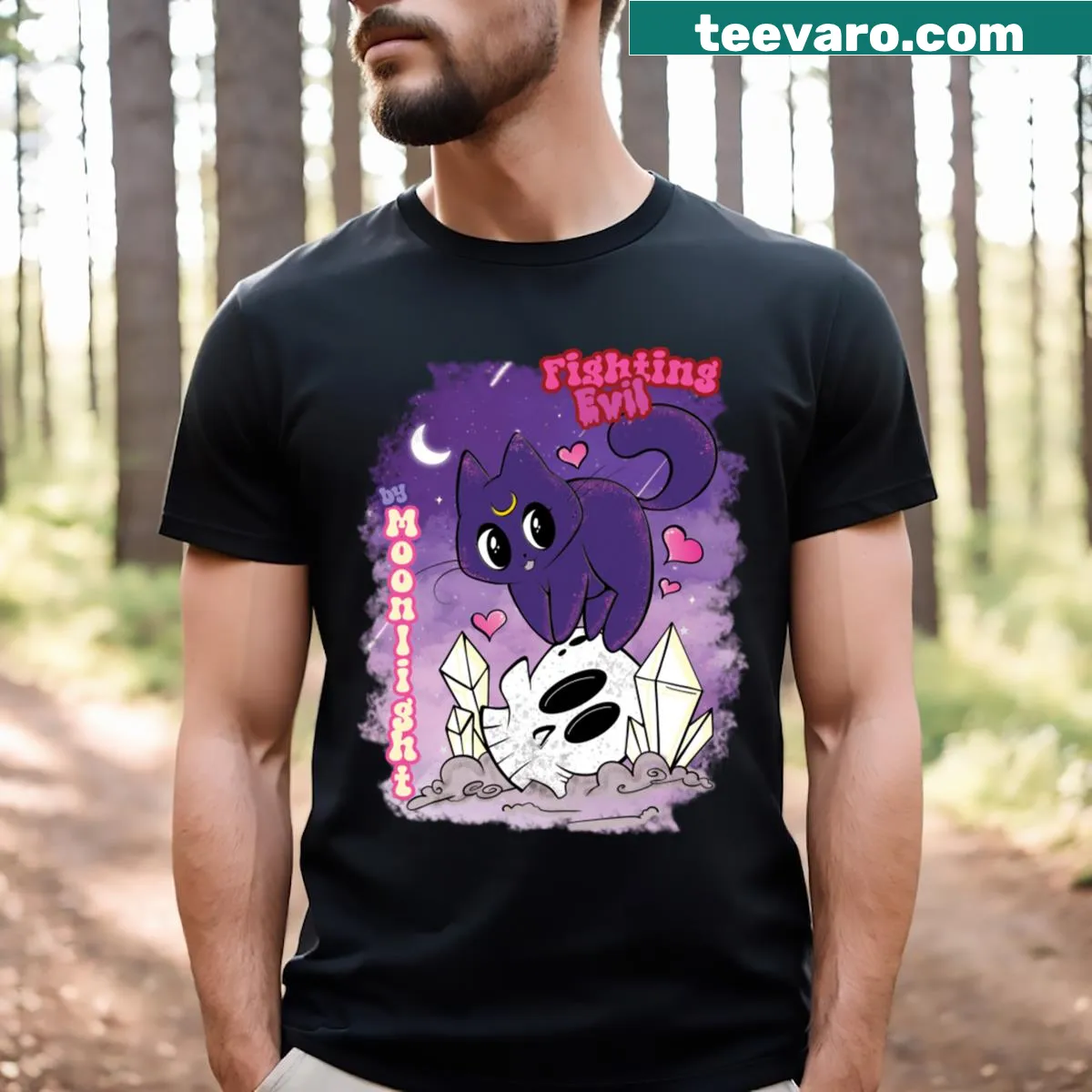 T-shirt with the phrase 'Fighting Evil By Moonlight' in bold typography — on a men's t-shirt