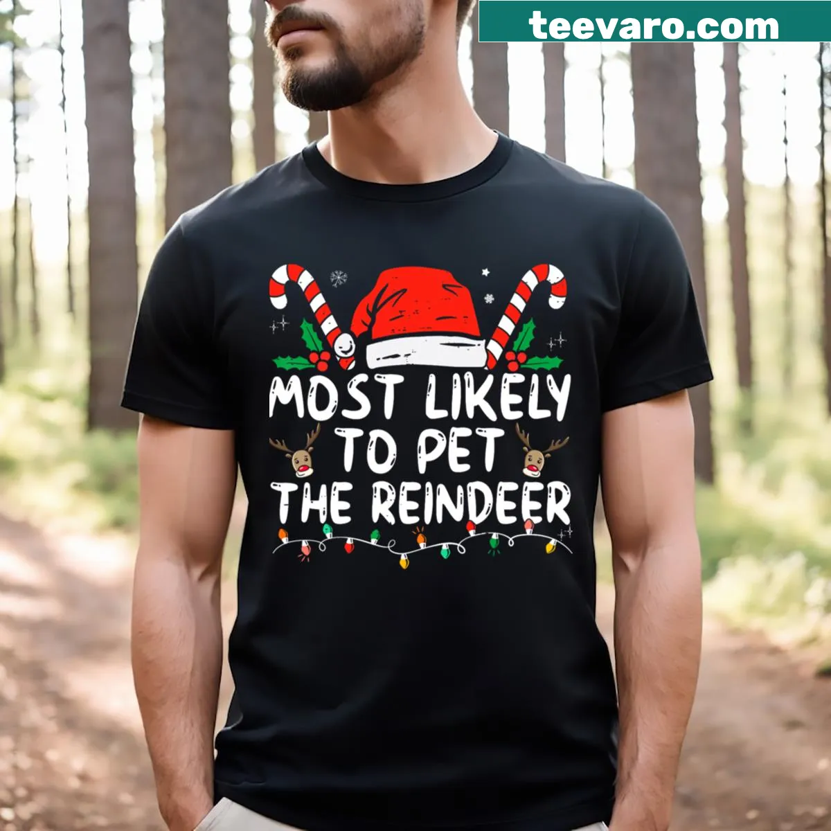 Funny Christmas T-shirt with reindeer petting slogan design — on a men's t-shirt