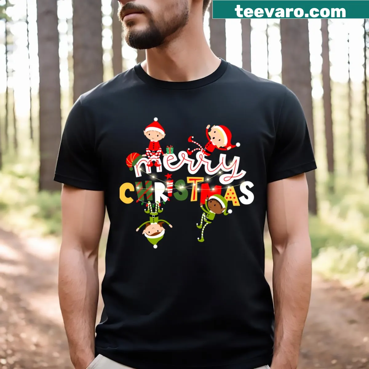 Christmas t-shirt for teachers with Elf Squad graphic — on a men's t-shirt