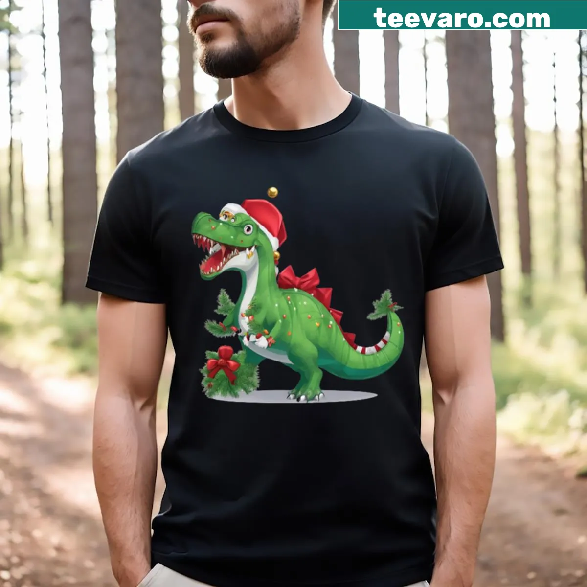 Cartoon dinosaur in a Santa hat with a gift sack design — on a men's t-shirt