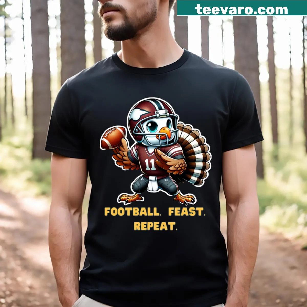 Thanksgiving-themed T-shirt with funny turkey football graphic — on a men's t-shirt