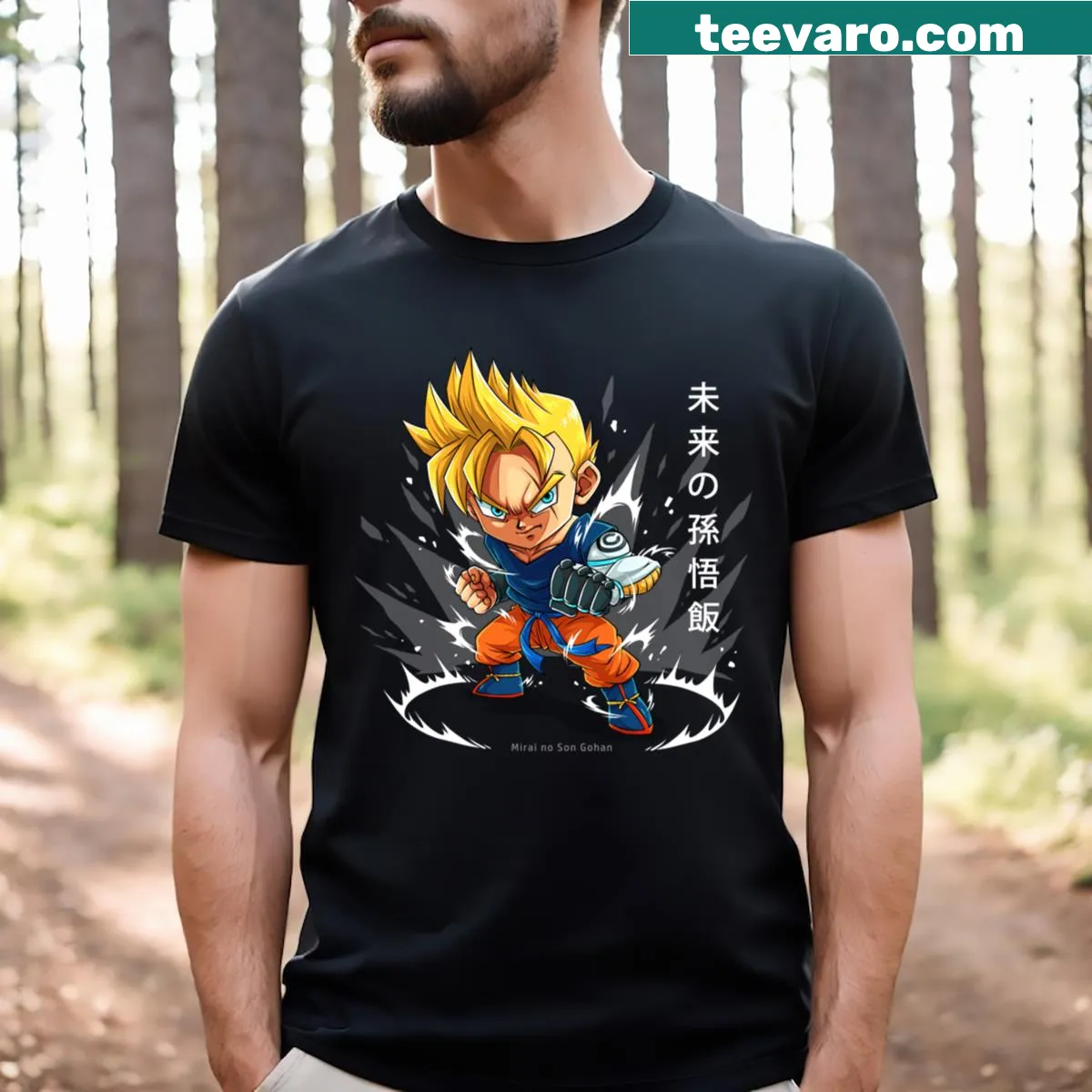 Illustrated Son Gohan warrior graphic on a T-shirt — on a men's t-shirt