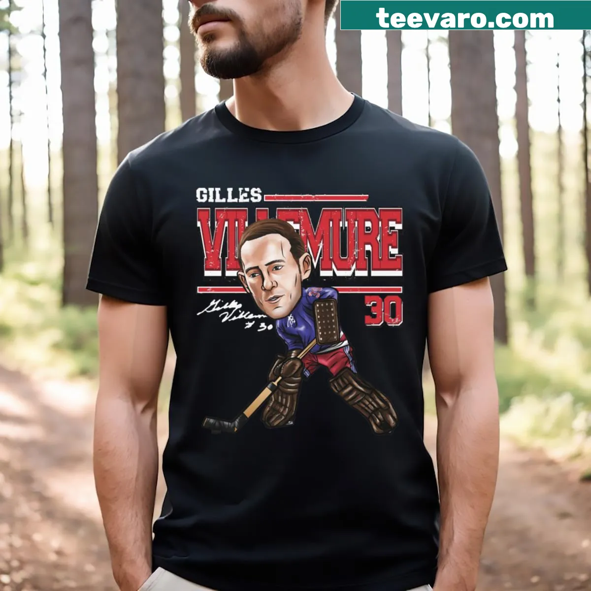 Cartoon-style Gilles Villemure New York Ranger graphic — on a men's t-shirt