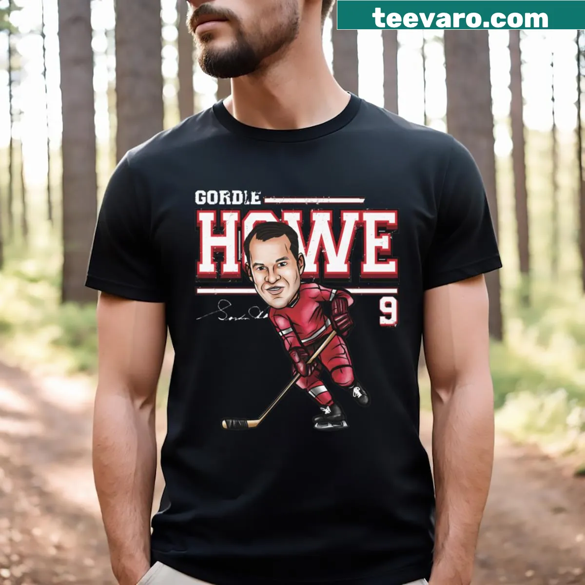 Cartoon illustration of Gordie Howe on a hockey-themed T-shirt — on a men's t-shirt