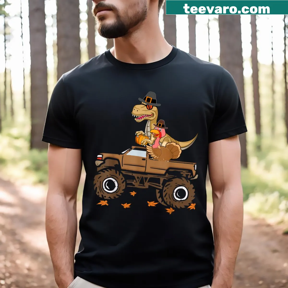 Funny dinosaur riding a truck with a turkey for Thanksgiving on a T-shirt — on a men's t-shirt
