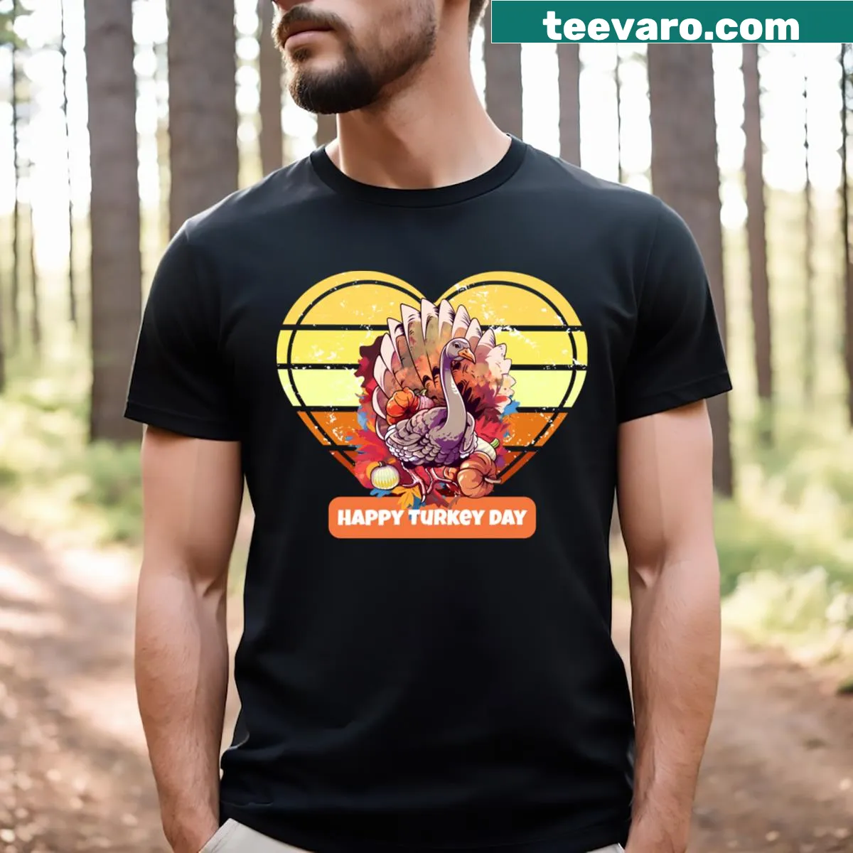 Cartoon turkey graphic for Thanksgiving T-shirt — on a men's t-shirt