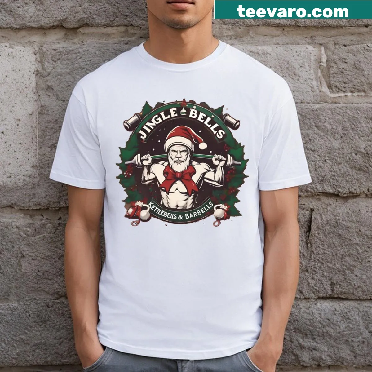Festive fitness t-shirt with 'Jingle Bells Kettlebells And Barbells' — on a men's t-shirt