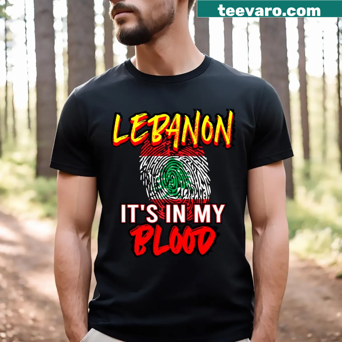 Lebanon national flag T-shirt featuring red and white stripes with a cedar tree — on a men's t-shirt