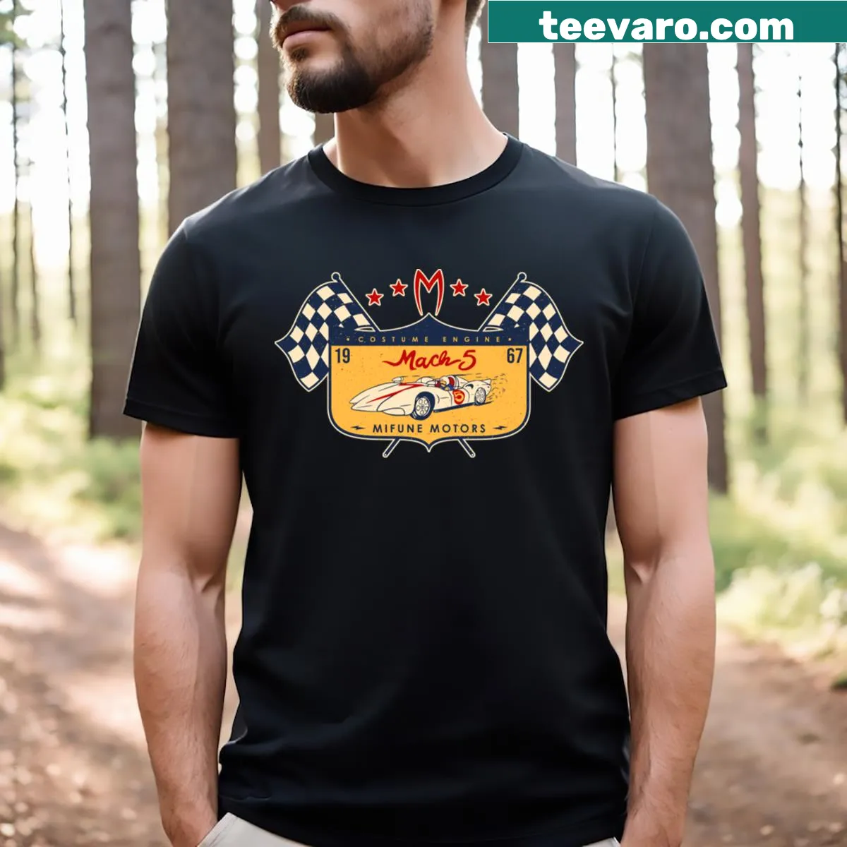 T-shirt featuring 'Mach 5' and Mifune Motors logo — on a men's t-shirt