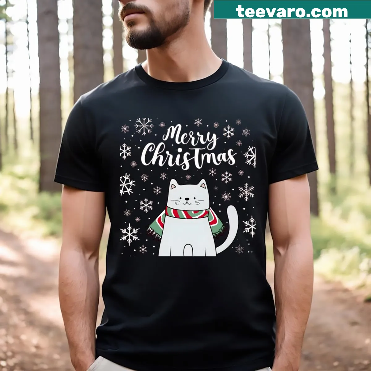 Essential t-shirt with Merry Christmas Cat design — on a men's t-shirt