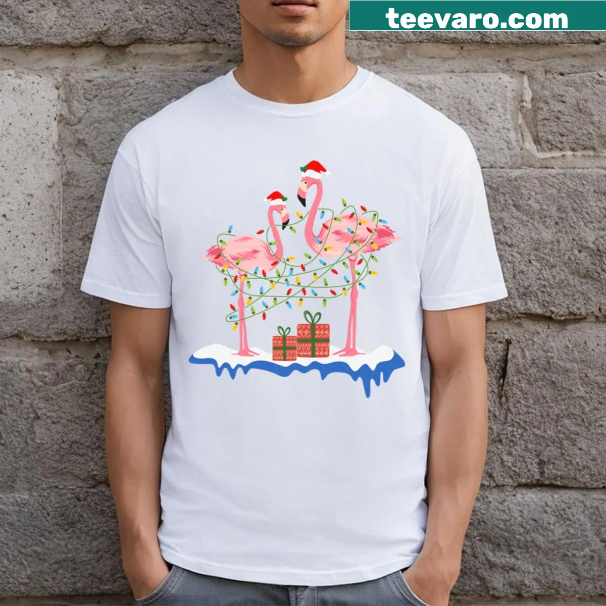 Flamingo in Santa sleigh t-shirt for Christmas — on a men's t-shirt