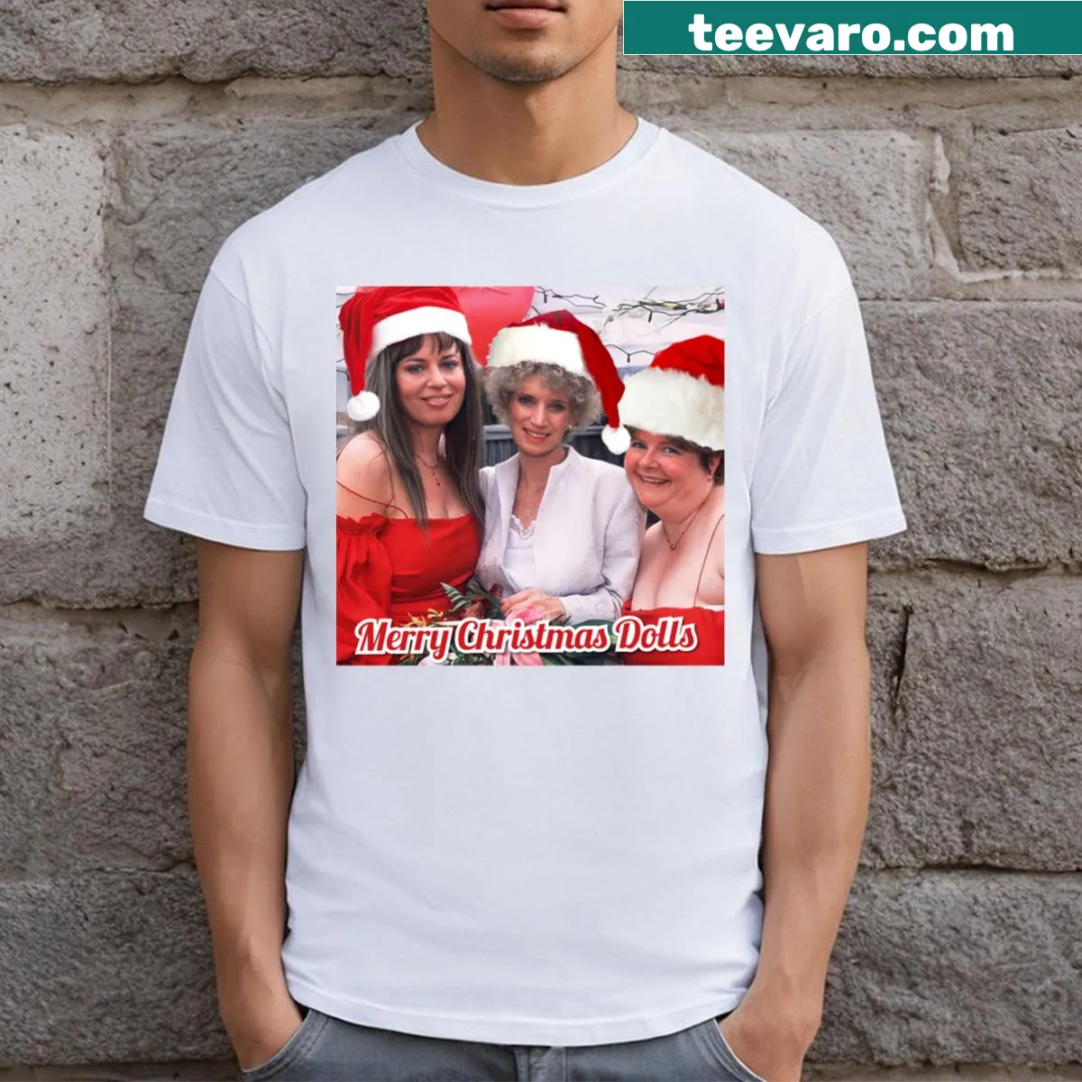 Merry Christmas T-shirt featuring amusing characters Kath, Kim, and Sharon — on a men's t-shirt