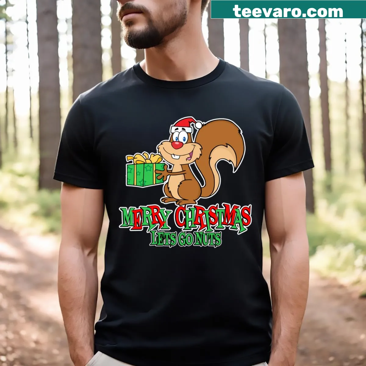 Funny Christmas t-shirt with a squirrel and the phrase 'Lets Go Nuts' — on a men's t-shirt