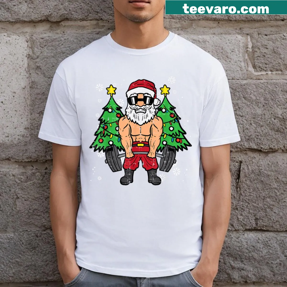 Fitness-themed Christmas T-shirt with 'Merry Fitmas' text — on a men's t-shirt