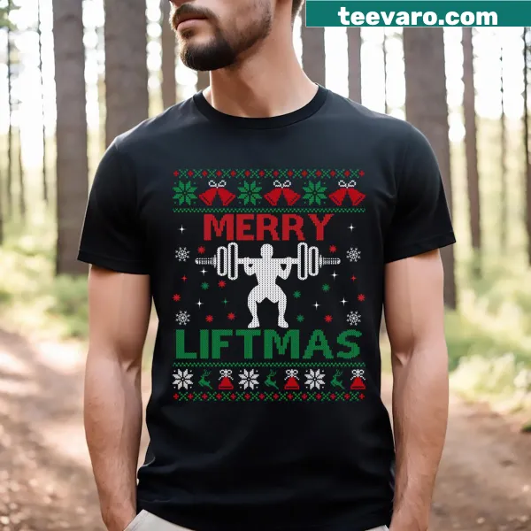 Funny fitness-themed Christmas T-shirt with 'Merry Liftmas' text