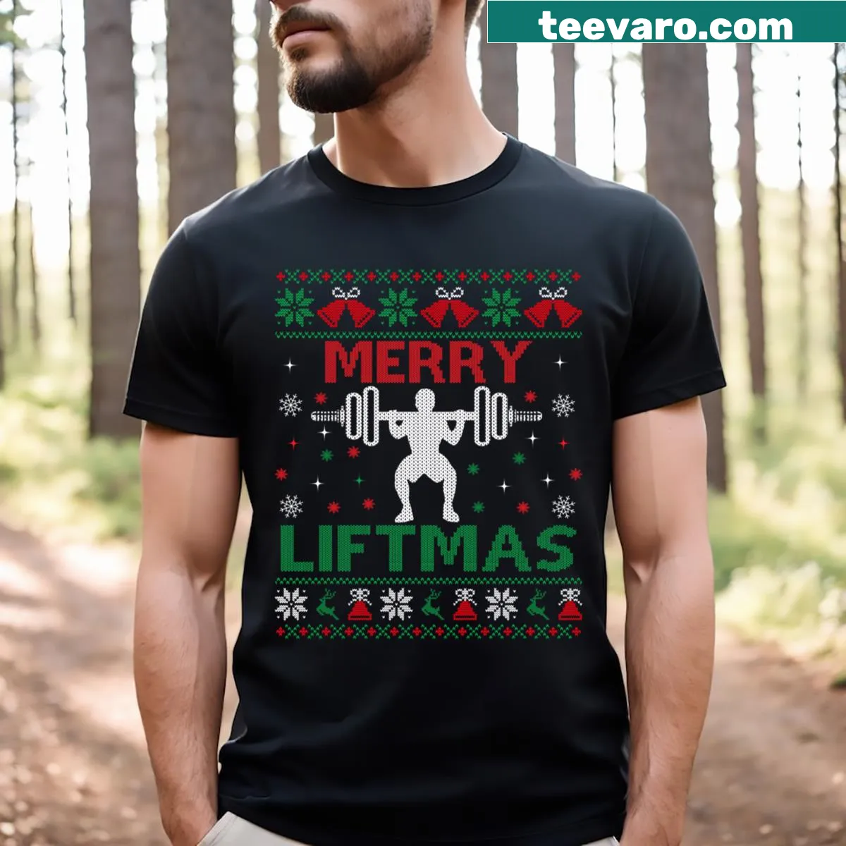 Funny fitness-themed Christmas T-shirt with 'Merry Liftmas' text — on a men's t-shirt