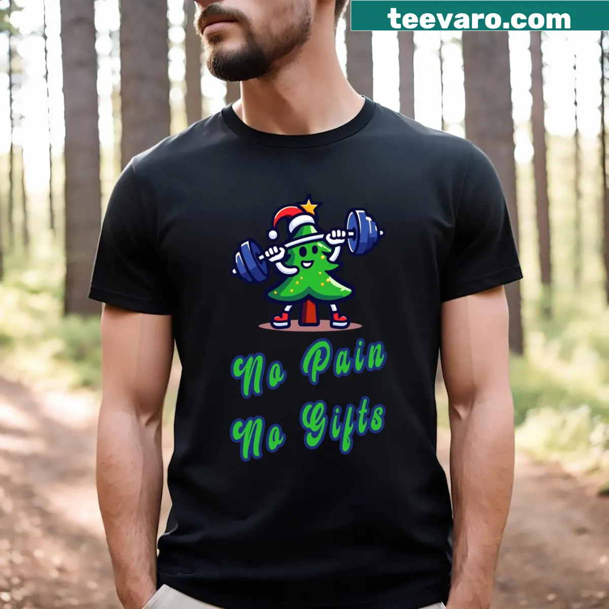 Funny gym t-shirt with No Pain No Gift text for Christmas — on a men's t-shirt