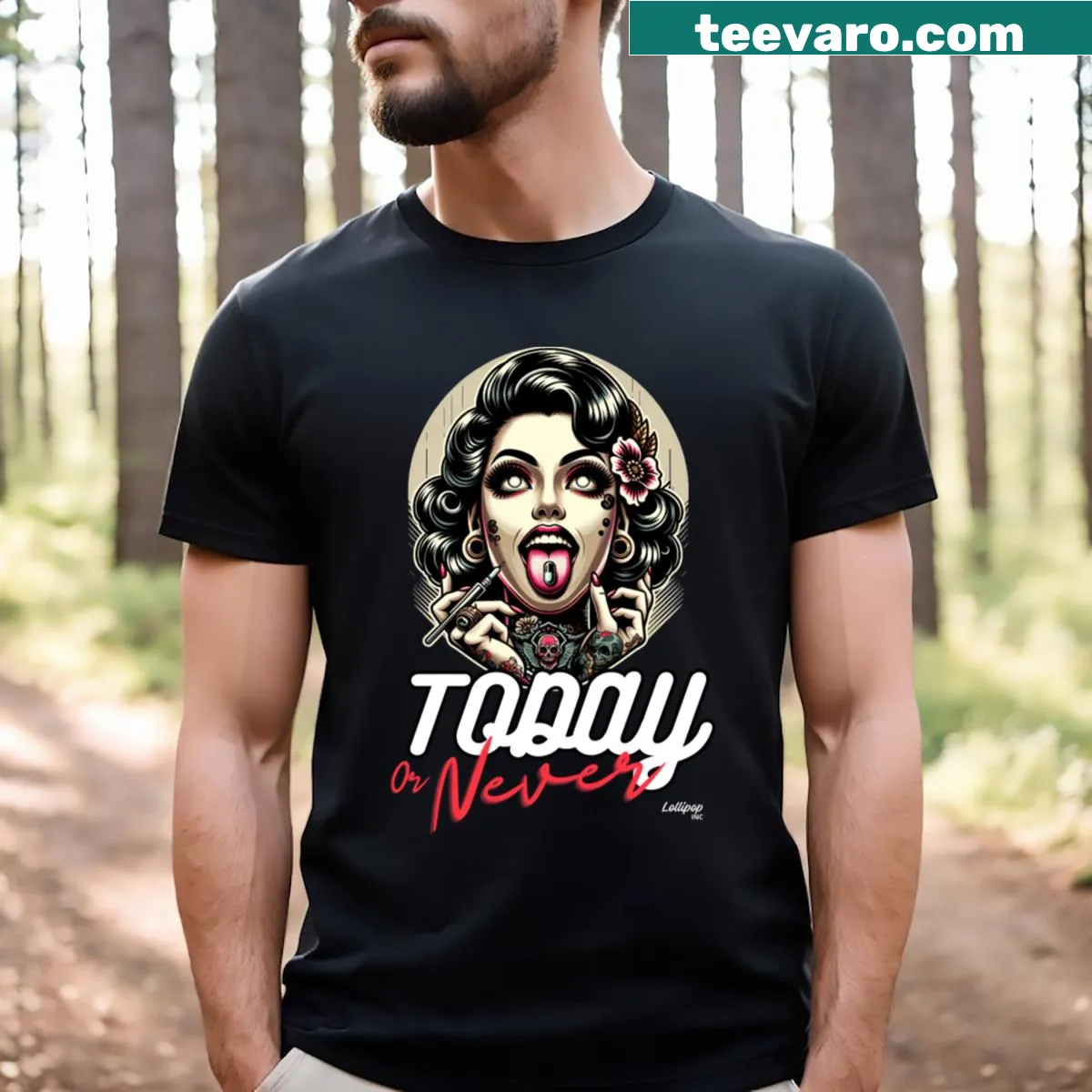 Playful pinup girl graphic t-shirt with party pillpopper theme — on a men's t-shirt