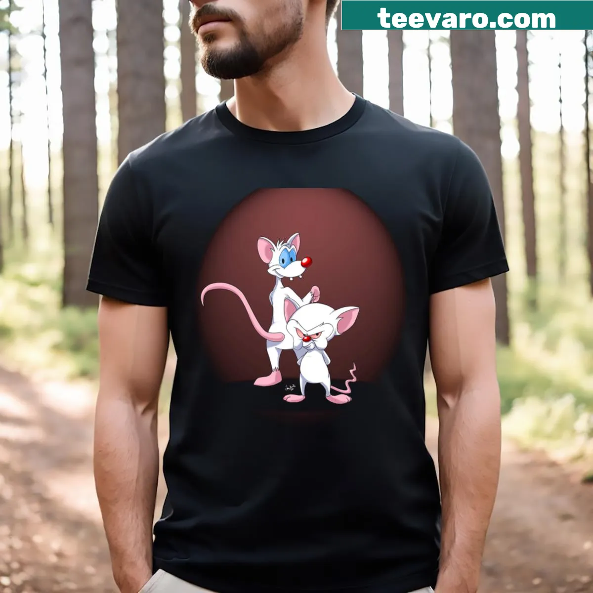T-shirt featuring a nostalgic illustration of Pinky and The Brain in darkness — on a men's t-shirt