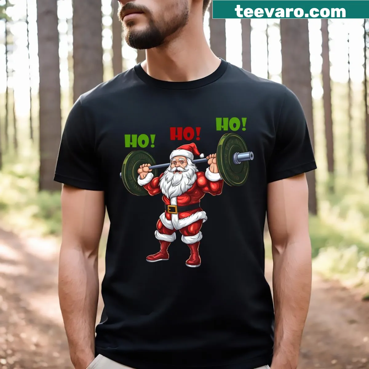 Santa Claus doing squats in a festive gym-themed illustration — on a men's t-shirt