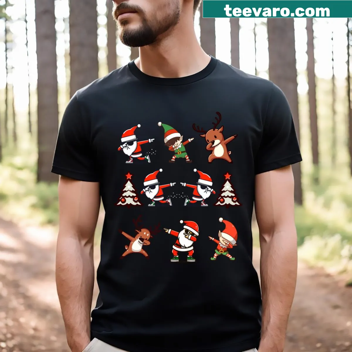 T-shirt with Santa, reindeer, and elf dabbing in a fun holiday design. — on a men's t-shirt