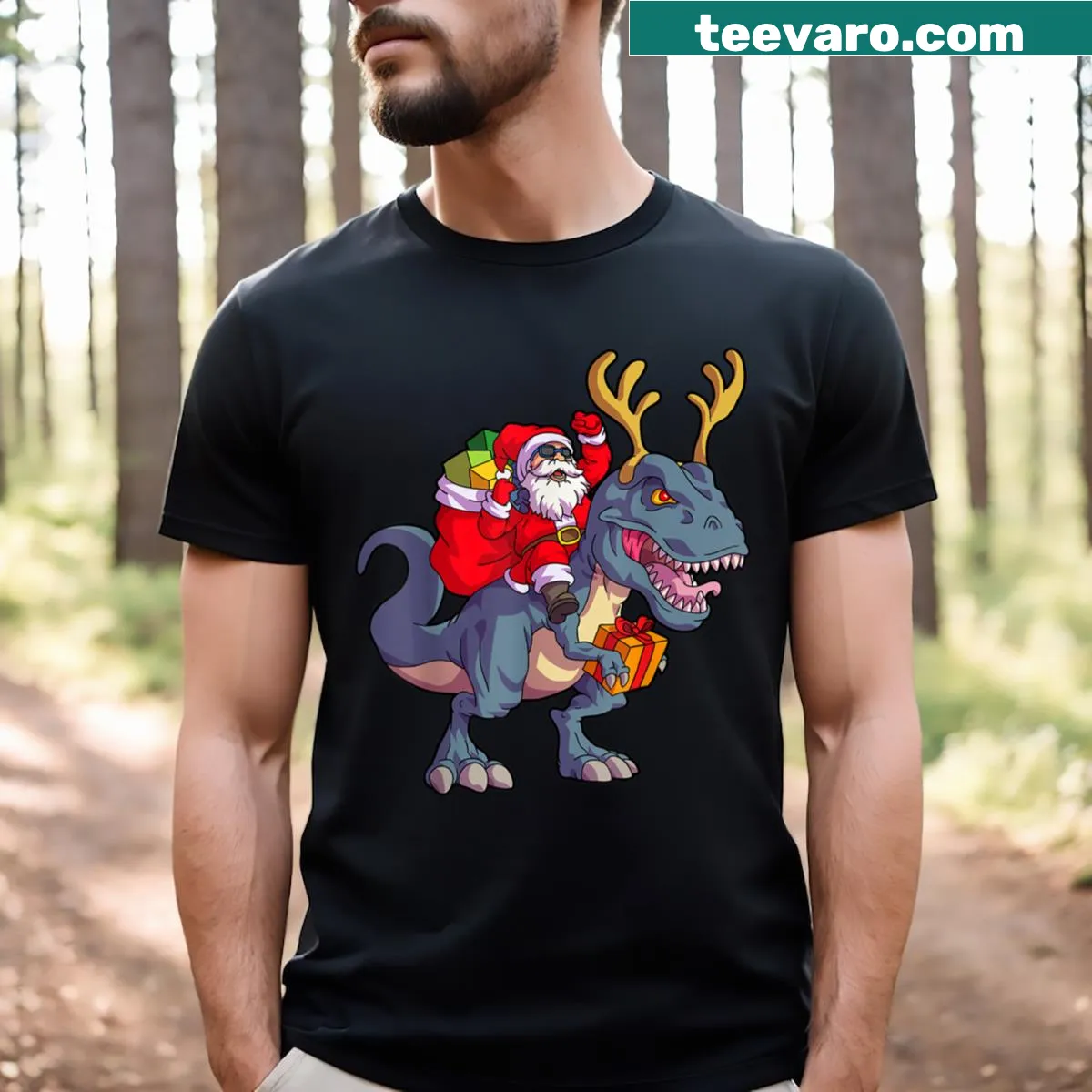 T-shirt with Santa riding a dinosaur in a fun Christmas design. — on a men's t-shirt