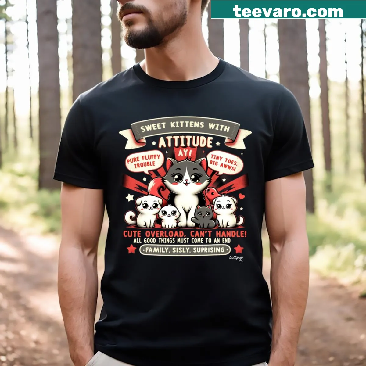 Funny cartoon cat design showcasing sass and humor — on a men's t-shirt