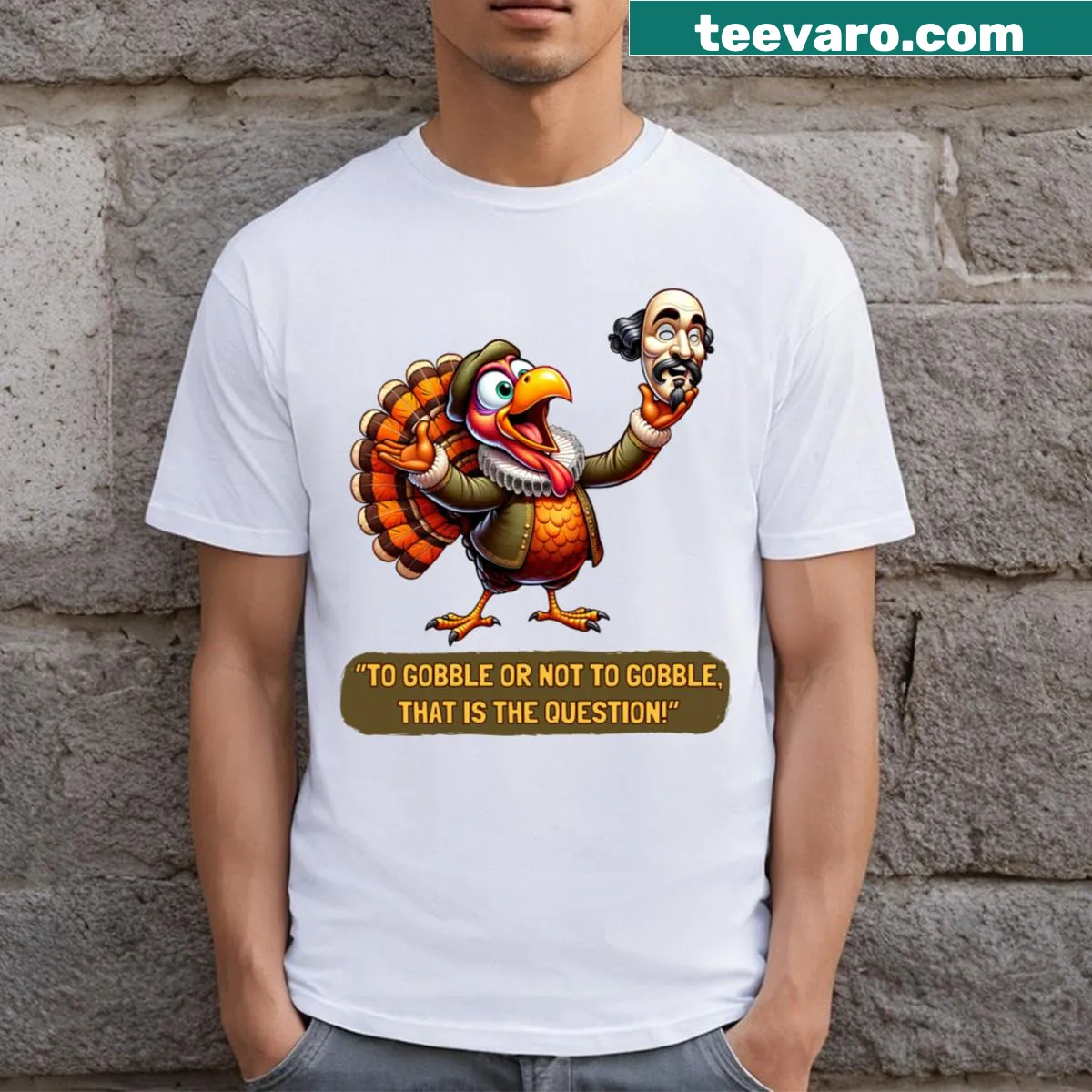 T-shirt with a humorous Shakespearean turkey design — on a men's t-shirt