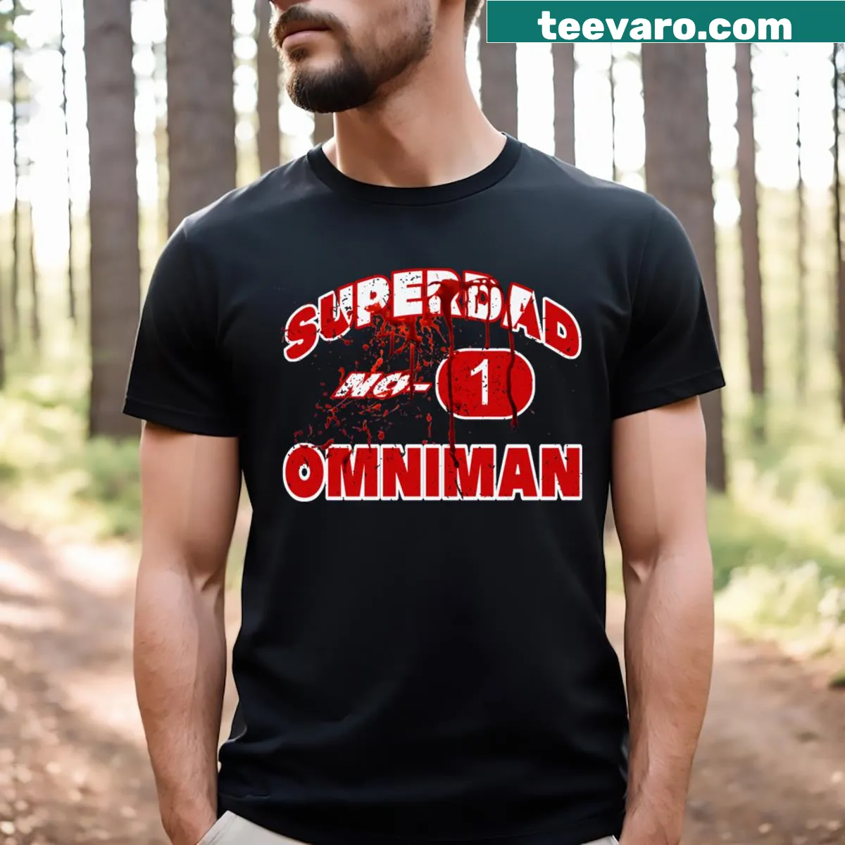 T-shirt featuring Superdad No 1 and Omniman graphic — on a men's t-shirt