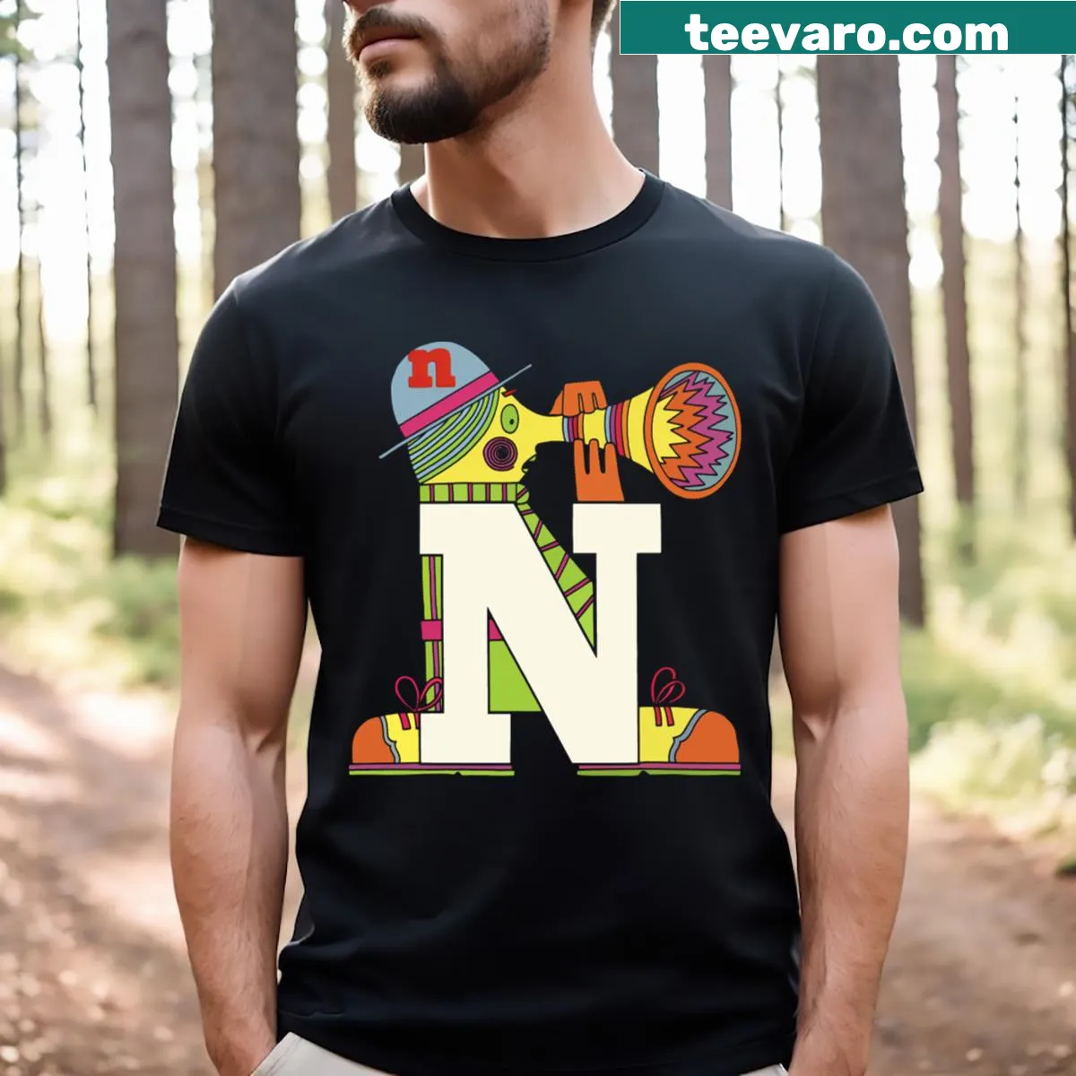 Cartoon design of Mr N representing noise for kids' T-shirt — on a men's t-shirt