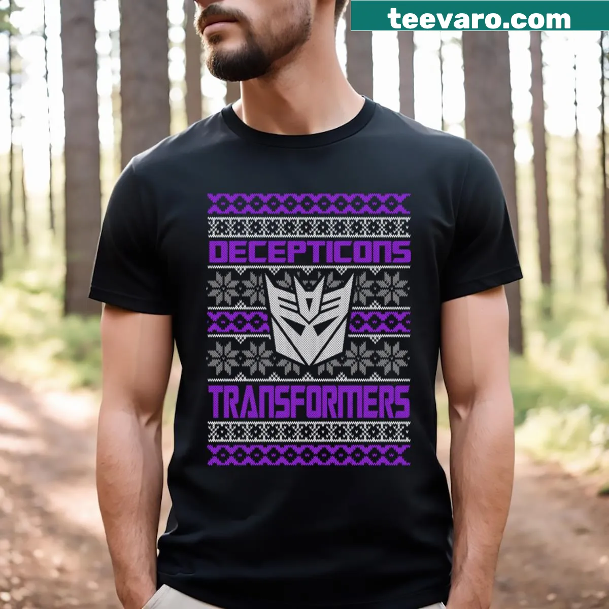 Ugly Christmas t-shirt featuring Transformers Gen 1 Decepticons design — on a men's t-shirt