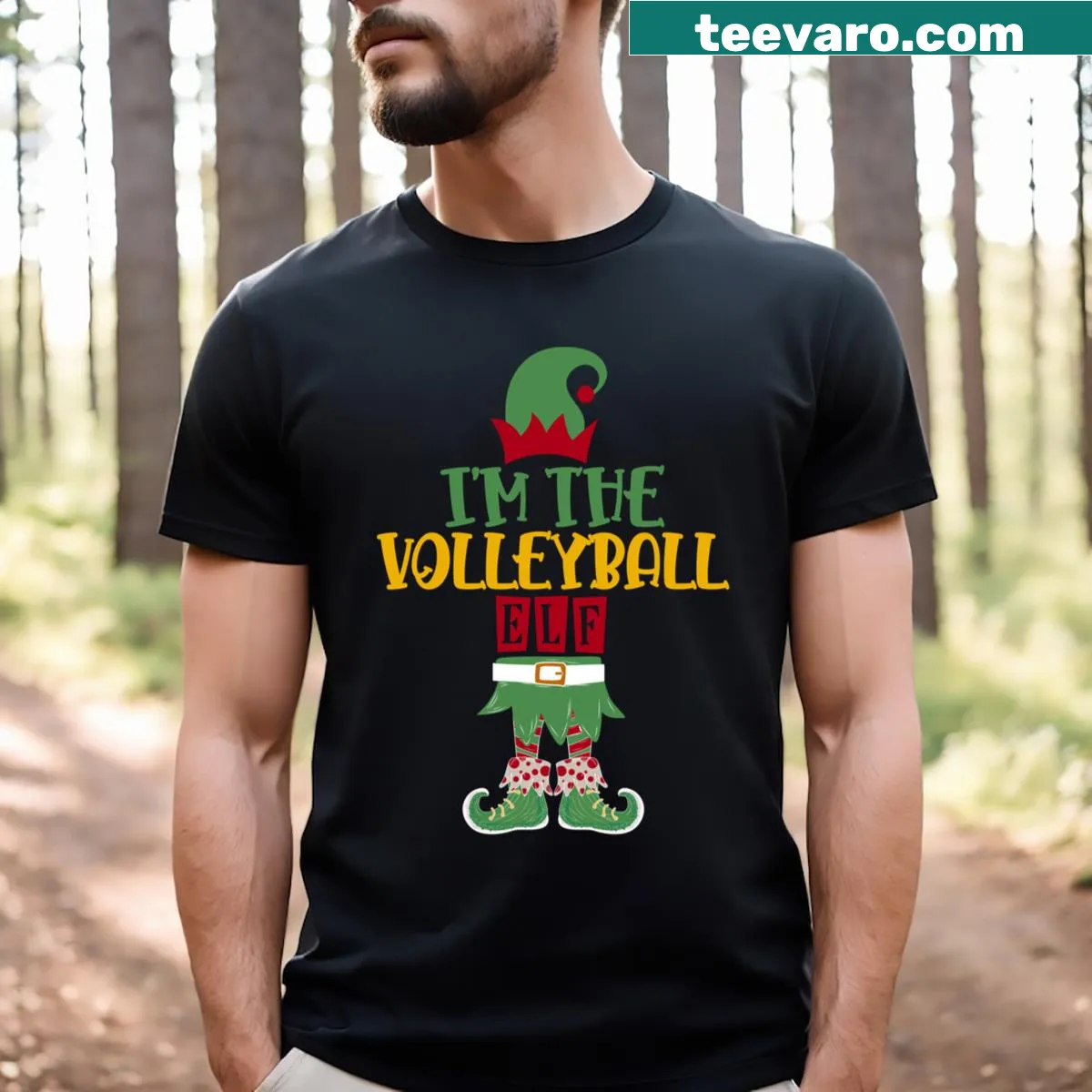 Cartoon volleyball elf design for Christmas — on a men's t-shirt