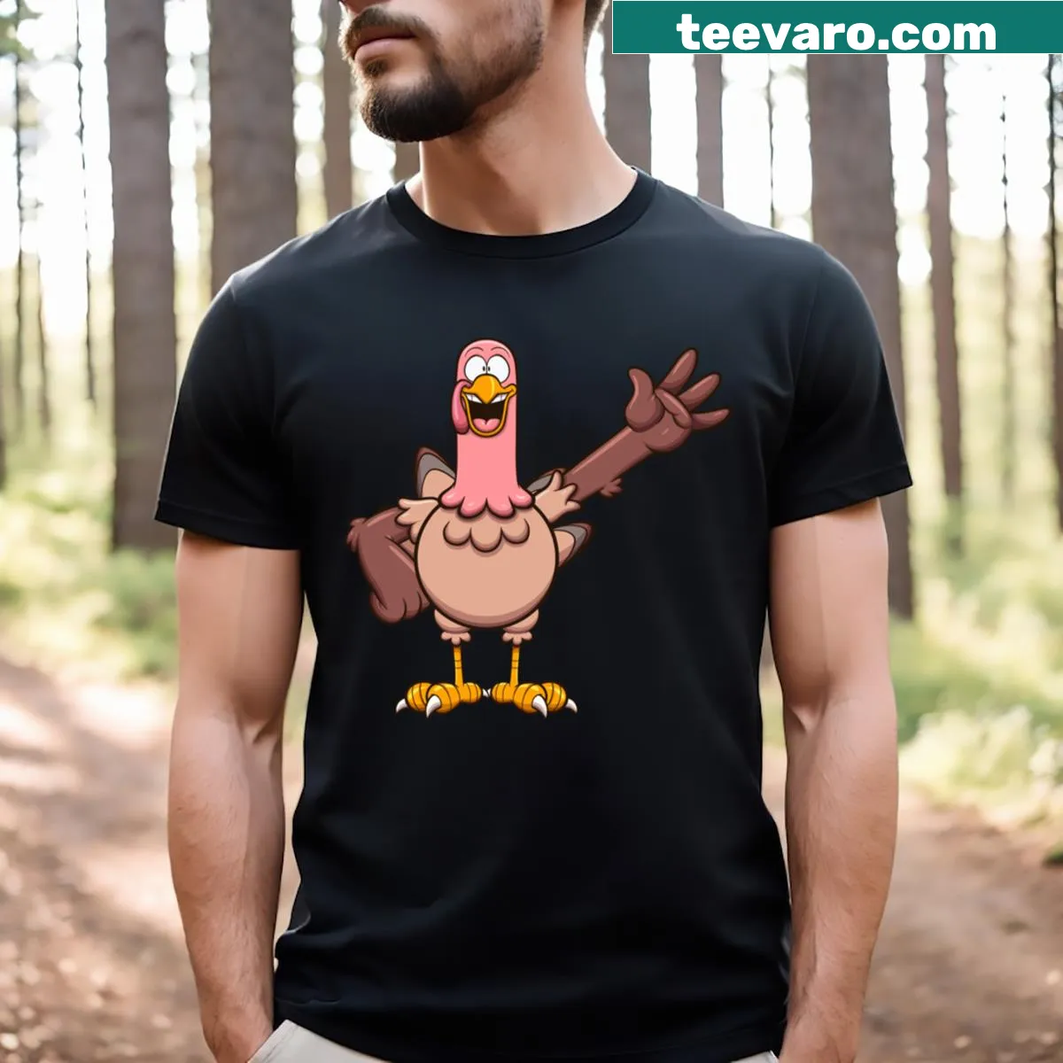 Cartoon turkey waving design for Thanksgiving — on a men's t-shirt