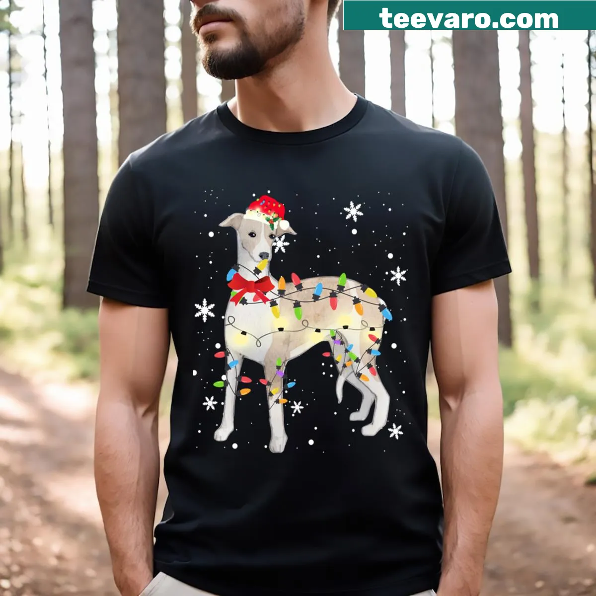 Whippet with Christmas lights illustration on a T-shirt — on a men's t-shirt