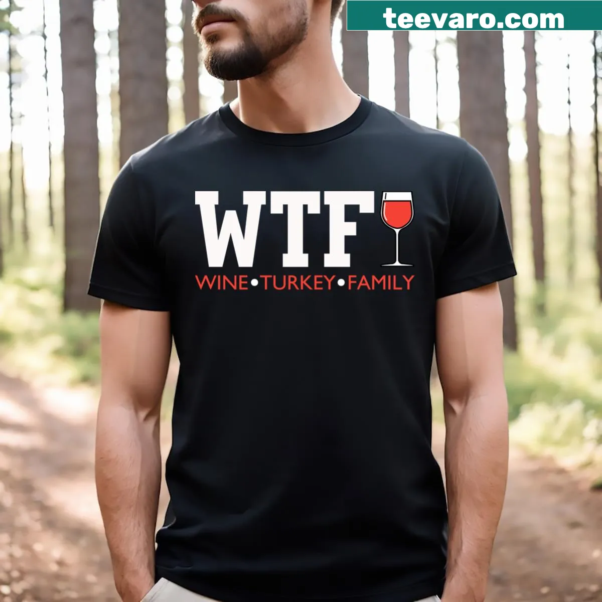 Funny Thanksgiving t-shirt with wine and turkey graphic. — on a men's t-shirt