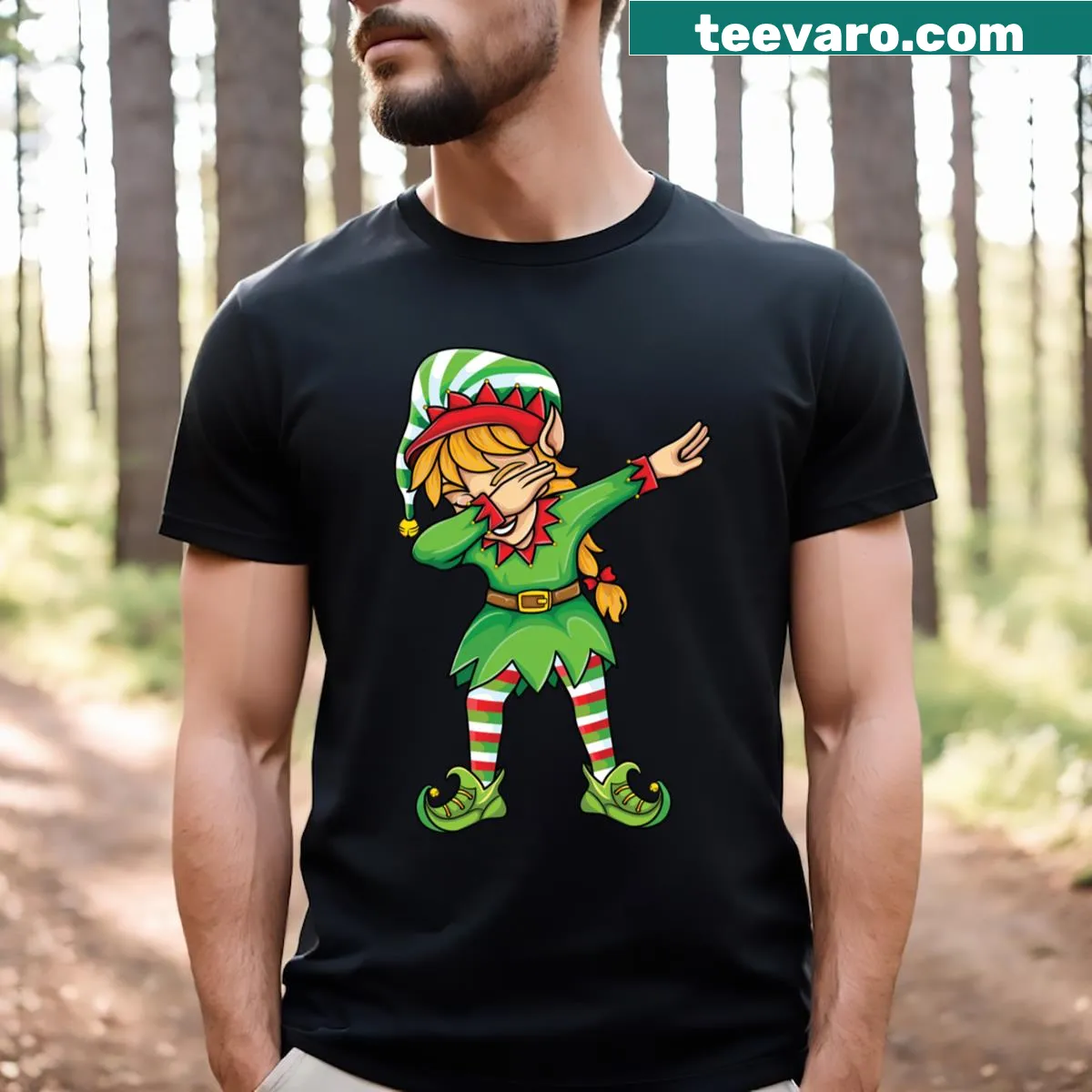 Cartoon Dabbing Elf design for kids on a festive T-shirt — on a men's t-shirt