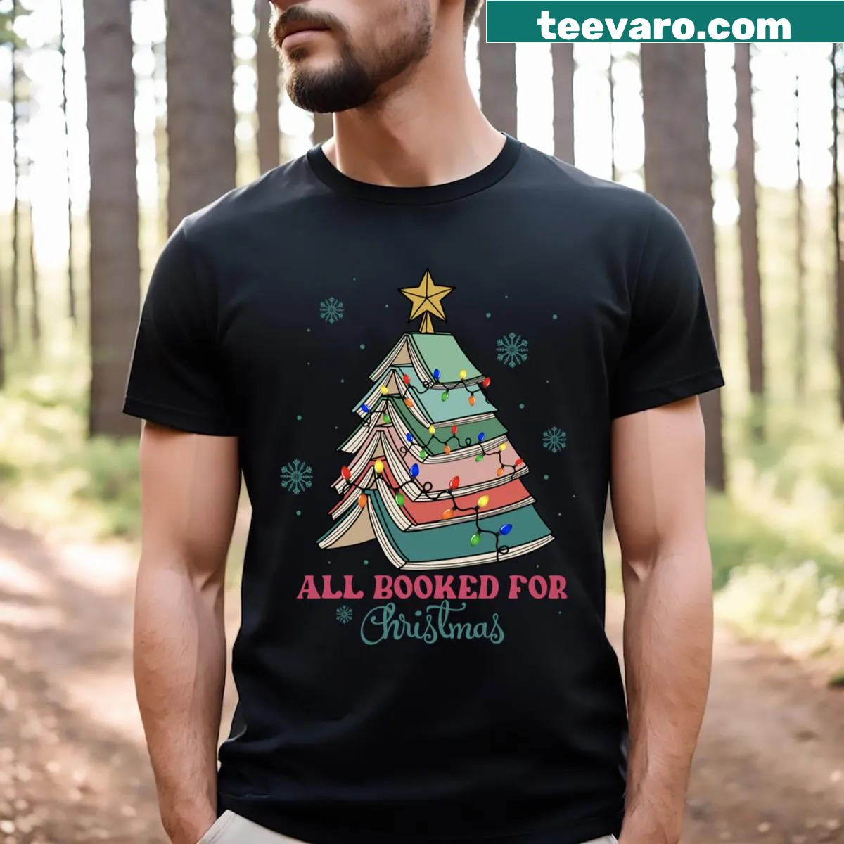 Whimsical Christmas tree made of books illustration on a T-shirt — on a men's t-shirt