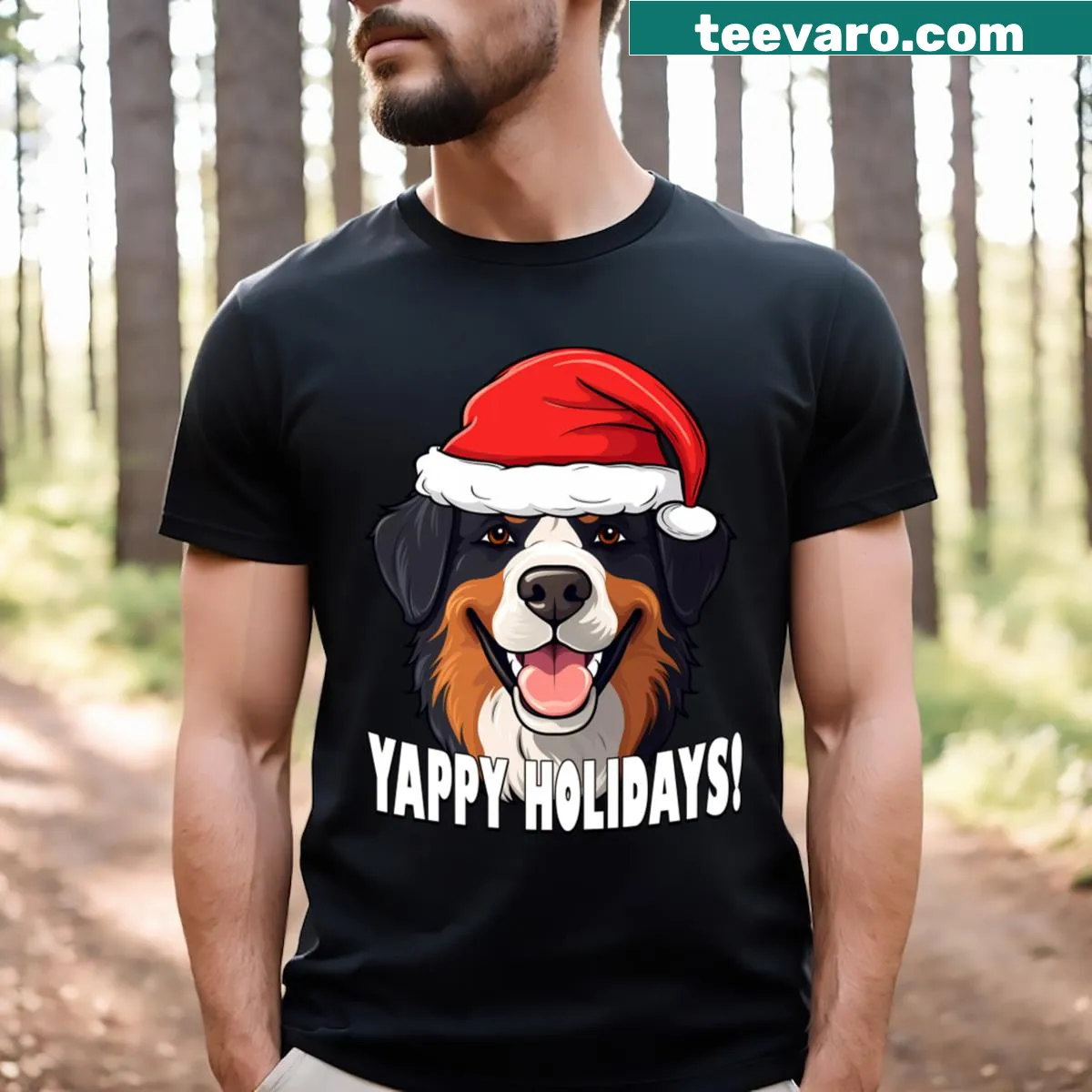 Bernese Mountain Dog in Santa outfit for Christmas t-shirt — on a men's t-shirt