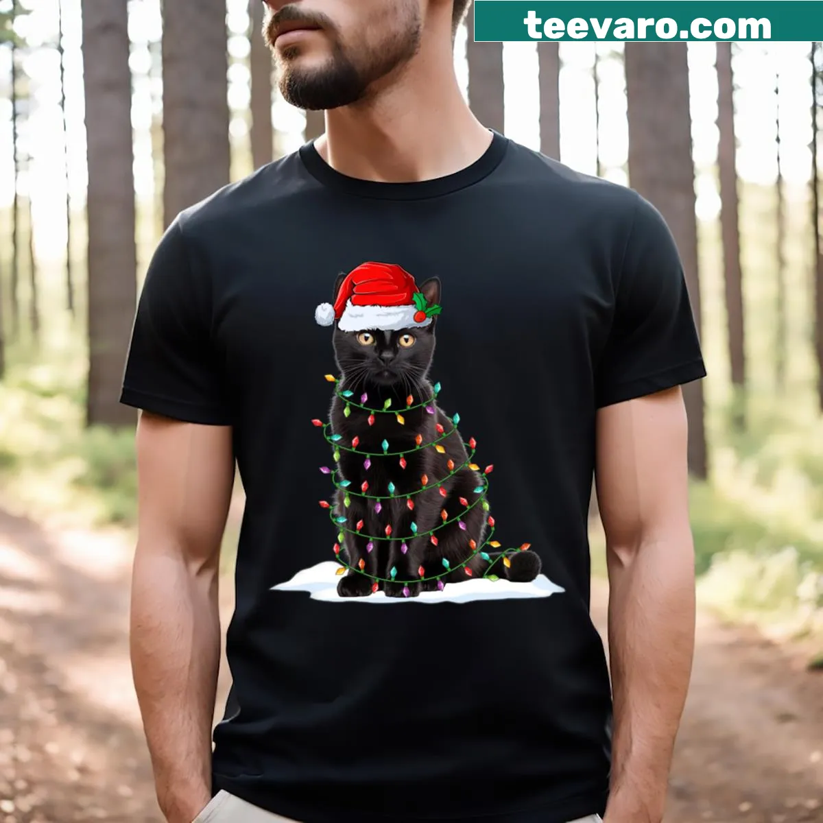 Funny T-shirt featuring a black cat with Christmas lights illustration — on a men's t-shirt