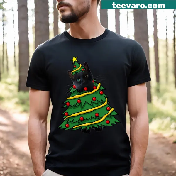 Funny Christmas t-shirt featuring a black cat on a Christmas tree.