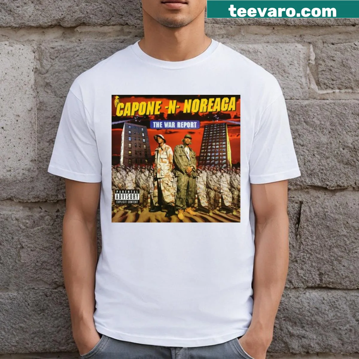 The War Report album cover art T-shirt featuring Capone and Noreaga — on a men's t-shirt