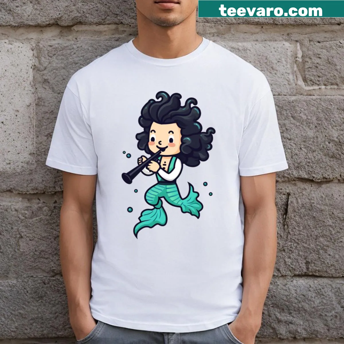 Cute T-shirt with a chibi merman playing a clarinet design — on a men's t-shirt