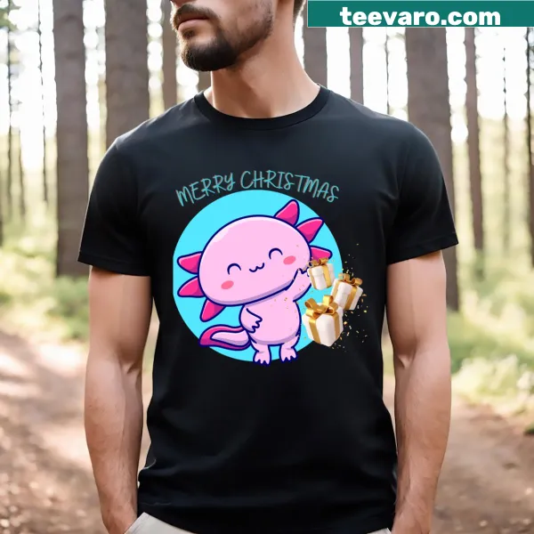 Christmas-themed T-shirt featuring a cute axolotl in festive attire