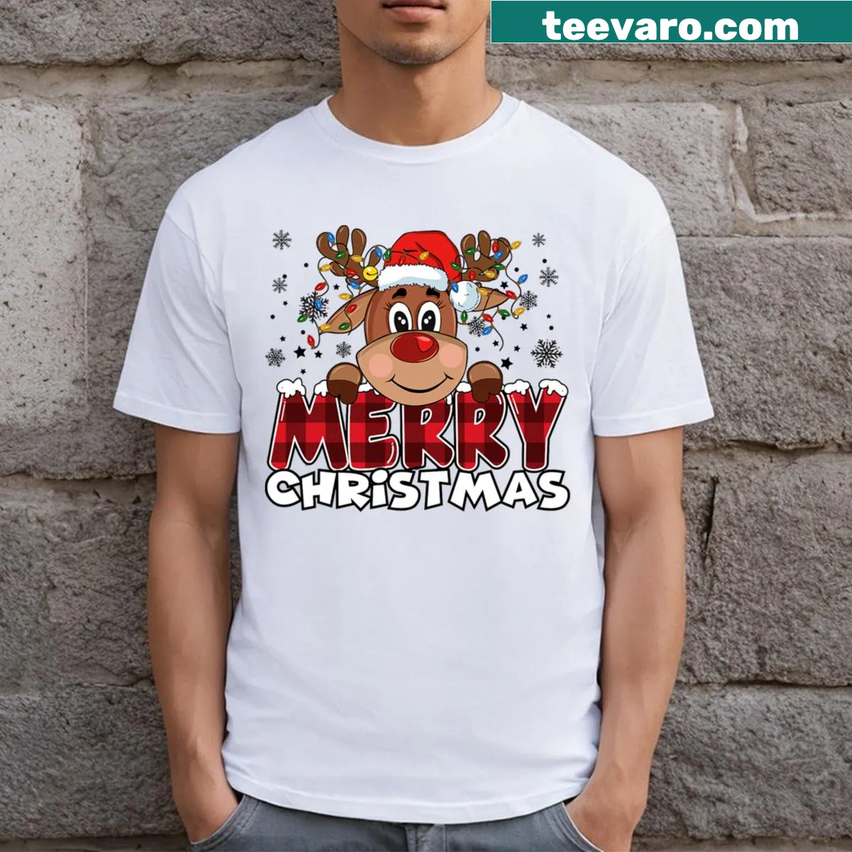 Family matching T-shirt featuring a cheerful reindeer graphic — on a men's t-shirt