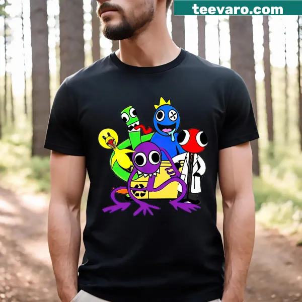 Illustrated T-shirt featuring Rainbow Friends characters in a playful design