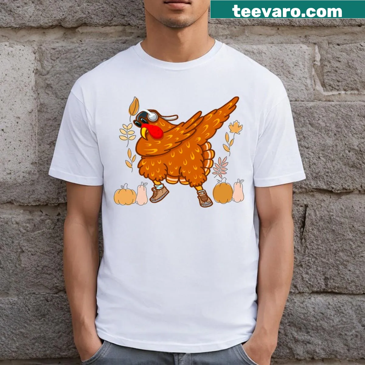 Funny dabbing turkey design for Thanksgiving on a T-shirt — on a men's t-shirt
