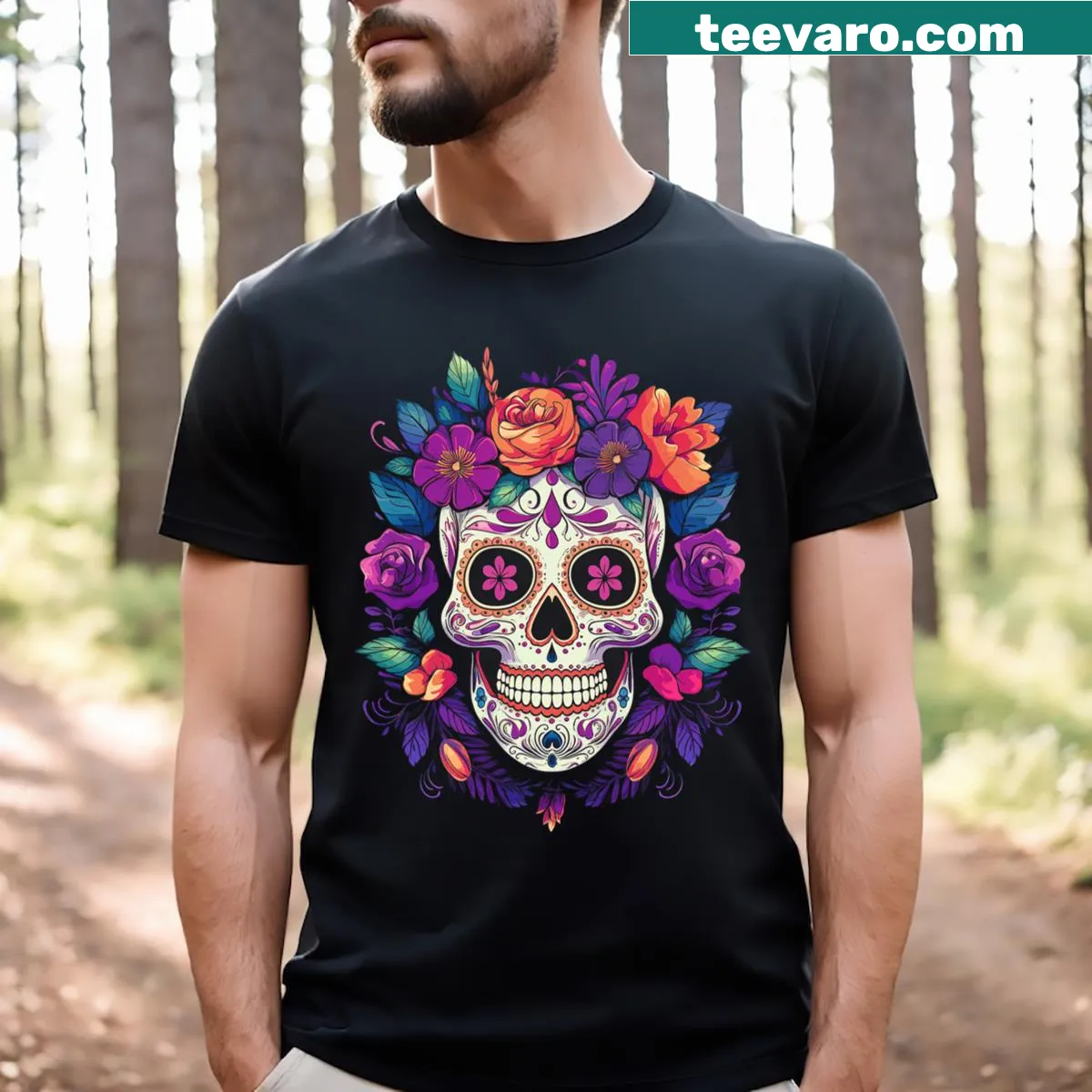 Sugar skull design for Día de los Muertos on a Halloween T-shirt — on a men's t-shirt