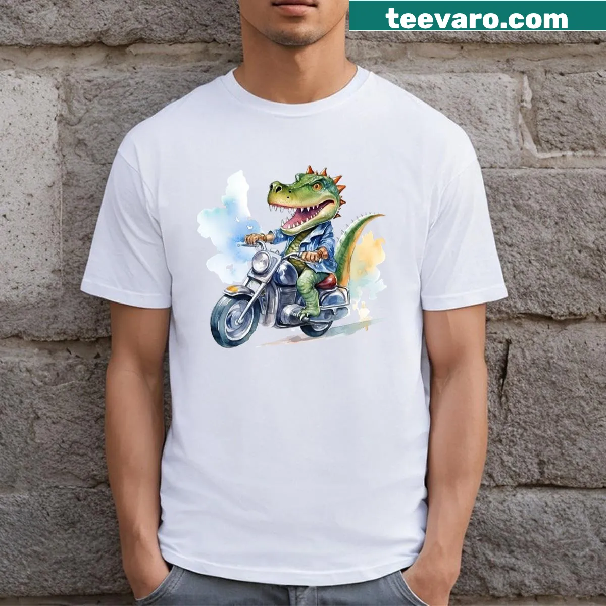 Illustration of a dinosaur riding a motorcycle on a T-shirt — on a men's t-shirt