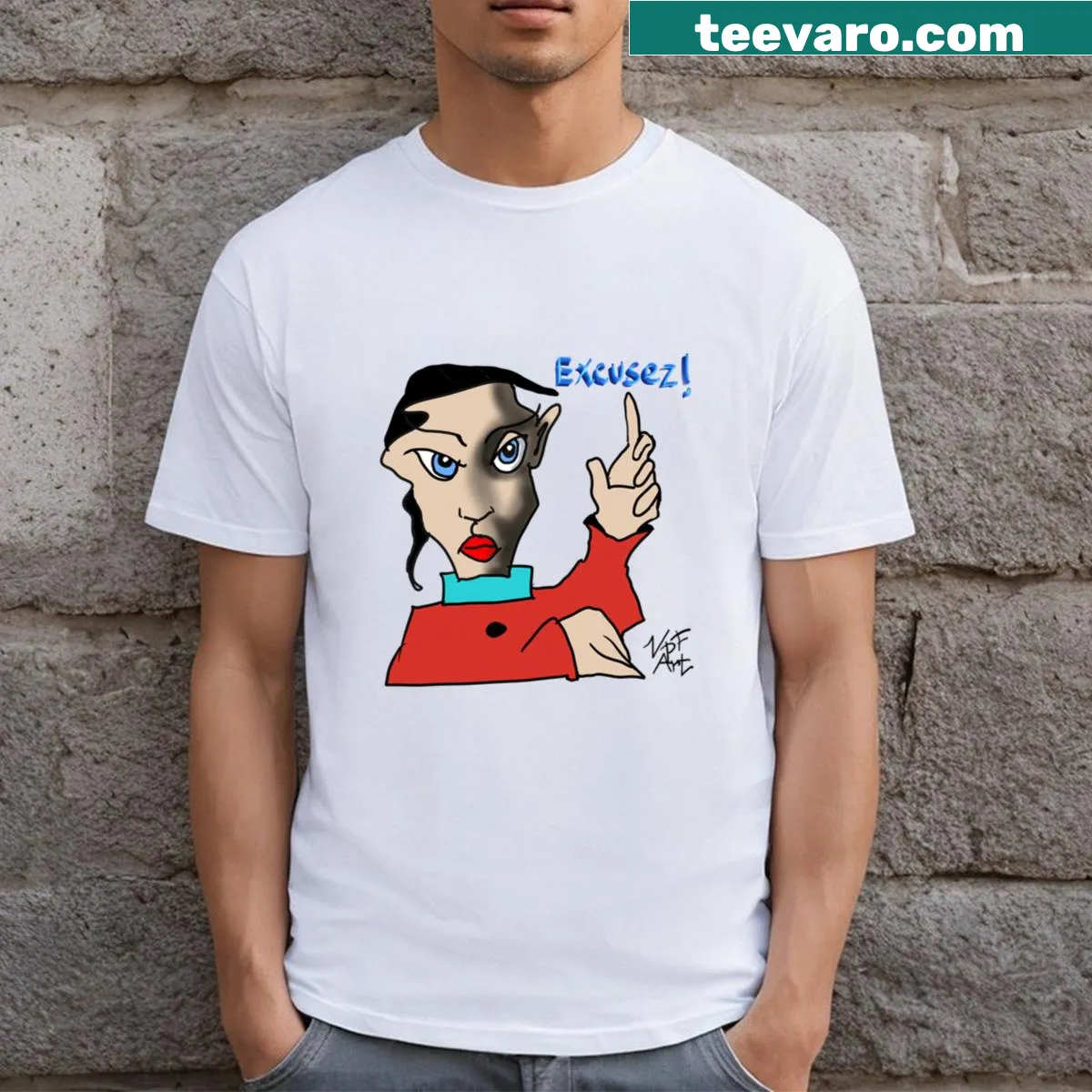 Whimsical T-shirt featuring Excusez! Forgive phrase — on a men's t-shirt