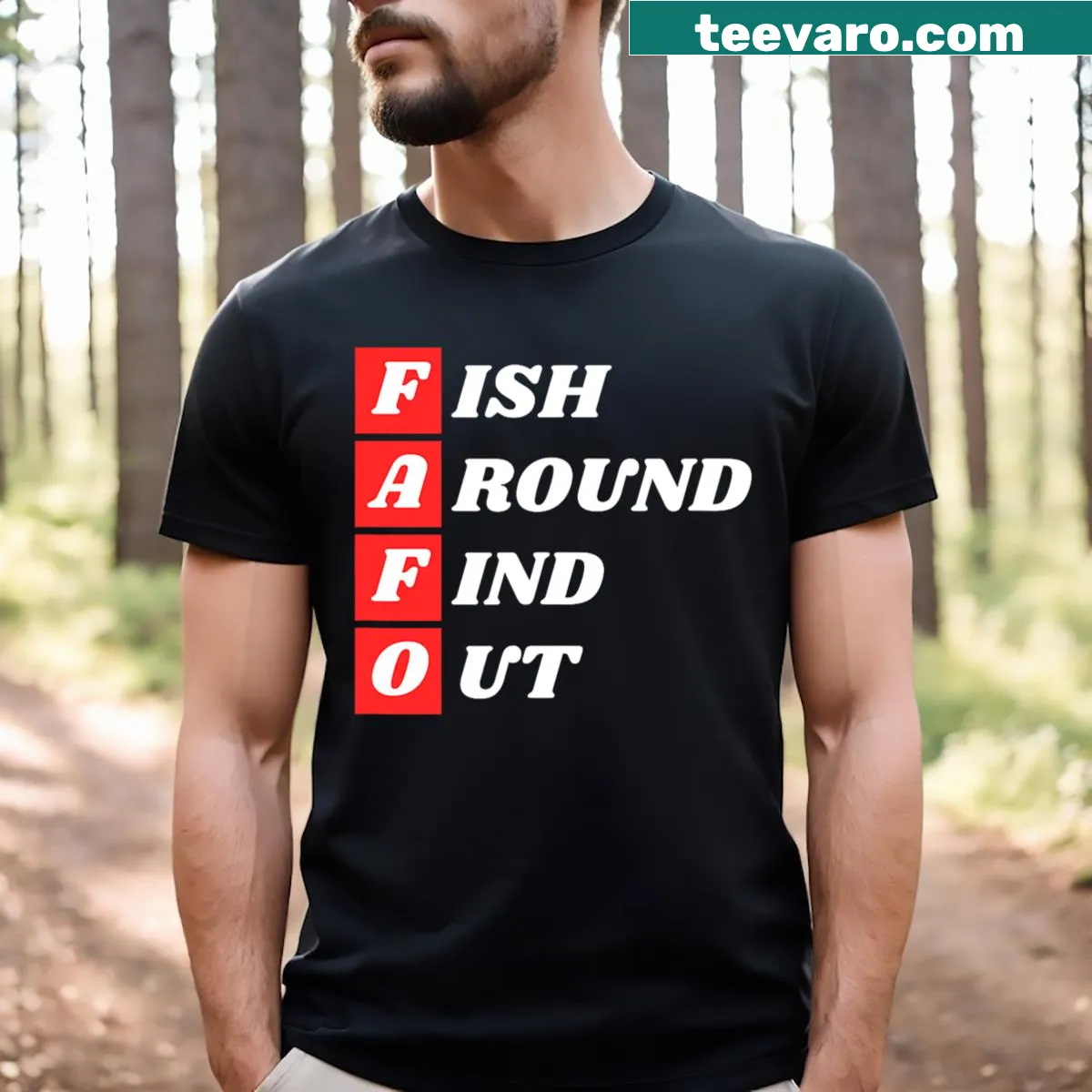 Funny fishing T-shirt with Fafo graphic — on a men's t-shirt